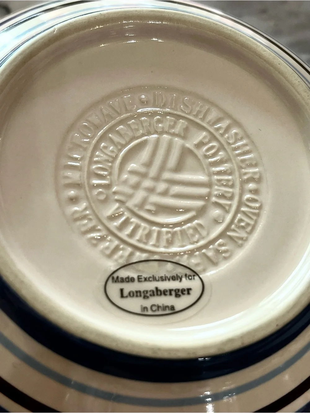 Vintage Longaberger Pottery Cabana Blue Stripe Round Serving Bowl Vitrified USA